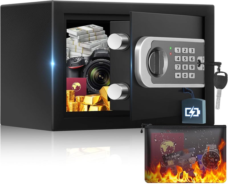 FOWORE [UPGRADED] Small Safe Box for Home, 0.30 Cuft Mini Safes with Fireproof Waterproof Bag, Digital Money Safe with Programmable Keypad Spare Keys, Security Cash Box for Money Valuables - Image 1